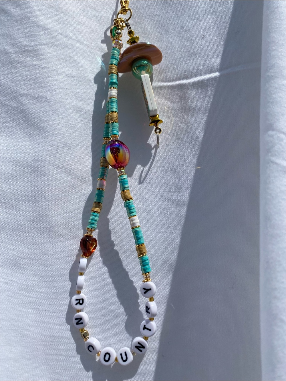 Beaded Aqua & White Key/Card Holder Charm - “Born Country”